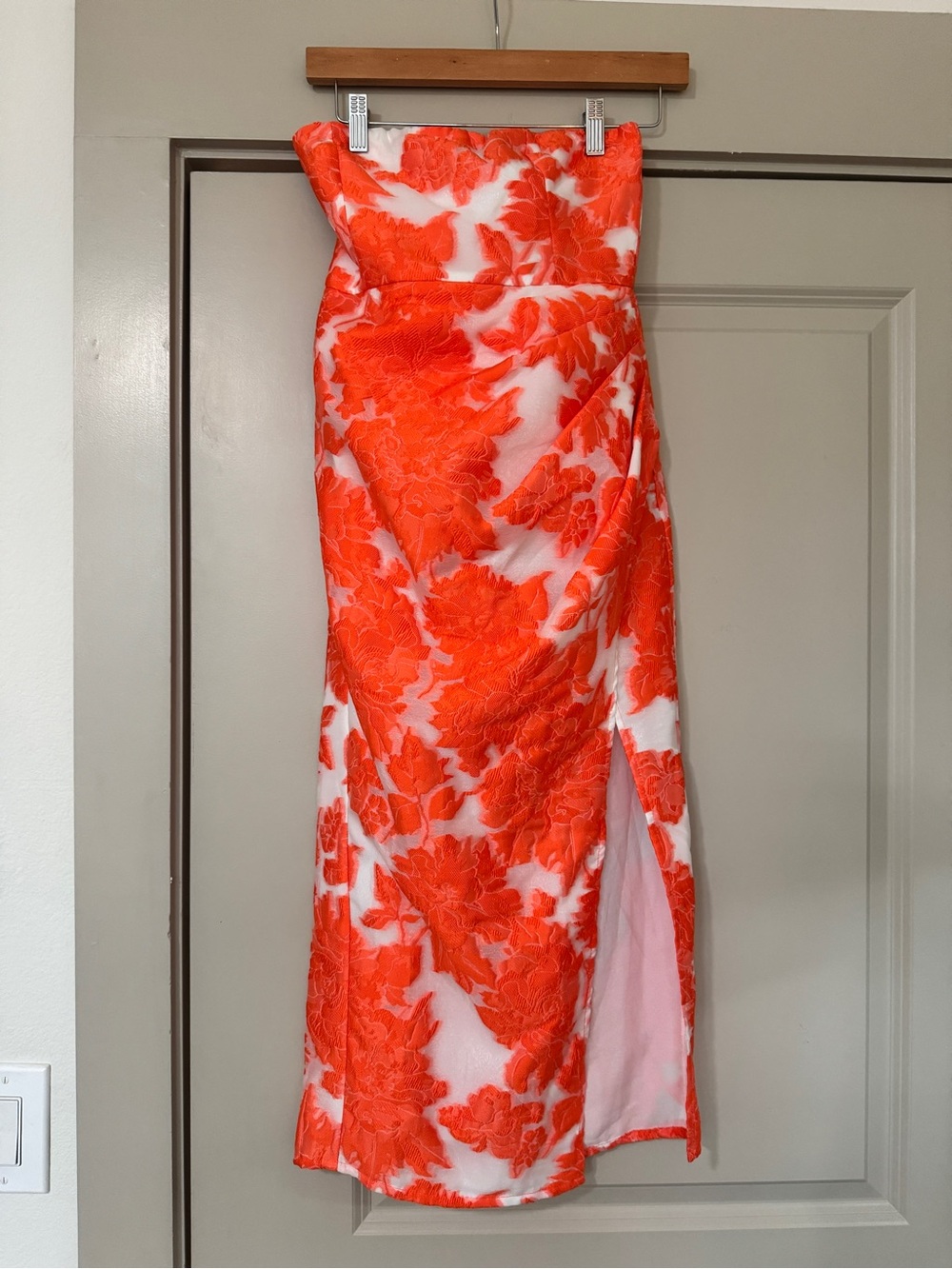 Showpo Orange & White Jacquard Strapless Midi Dress